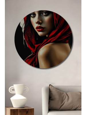 Teona Ahşap Kırmızı Başörtülü Kadın Yağlı Boya Görünümlü Ahşap Dekoratif Tablo Yuvarlak Duvar Tablosu