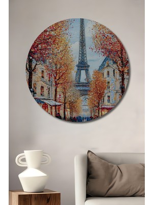 Teona Ahşap Eyfel Kulesi Sonbahar Manzarası Yağlı Boya Görünümlü Ahşap Dekoratif Tablo Yuvarlak Duvar Tablosu