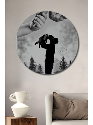 Teona Ahşap Bebek ve Baba Sevgisi Siyah Beyaz Baskı Ahşap Dekoratif Tablo Yuvarlak Duvar Tablosu