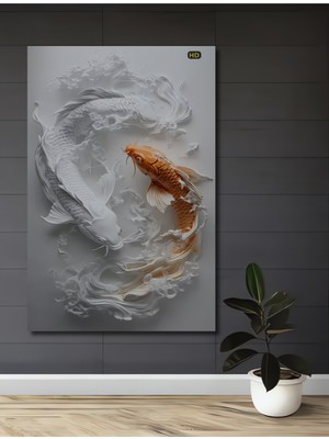 Teona Ahşap Yin Yang Koi Balığı Yağlı Boya Görünümlü Ahşap Dekoratif Ev,antre,salon,ofis,mutfak Tablo