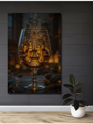 Teona Ahşap Paris Şehri Işıltılı Kadeh Yağlı Boya Görünümlü Dekoratif Ahşap Ev,antre,salon,ofis,mutfak Tablo