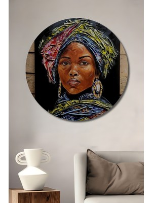 Teona Ahşap Afrika Kadın Portresi Yağlı Boya Görünümlü Dekoratif Ahşap Tablo Yuvarlak Duvar Tablosu