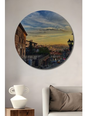 Teona Ahşap Ankara Ankara Kalesi Manzaralı Sulu Boya Görünümlü Ahşap Dekoratif Tablo Yuvarlak Duvar Tablosu