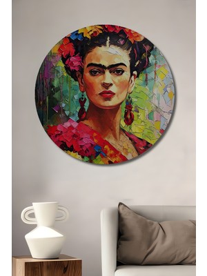 Teona Ahşap Frida Kahlo Yağlı Boya Görünümlü Dekoratif Ahşap Tablo Yuvarlak Duvar Tablosu