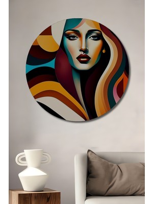 Teona Ahşap Soyut Kadın Portresi Yağlı Boya Görünümlü Ahşap Dekoratif Tablo Yuvarlak Duvar Tablosu