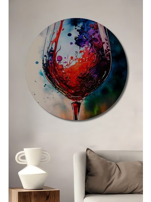 Teona Ahşap Kadeh Içinde Renk Cümbüşü Sulu Boya Görünümlü Ahşap Dekoratif Tablo Yuvarlak Duvar Tablosu