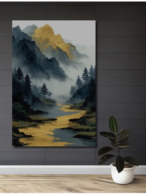 Teona Ahşap Altın Yankılı Dağlar Sulu Boya Görünümlü Dekoratif Ahşap Ev,antre,ofis,mutfak,yatak Odası Tablo