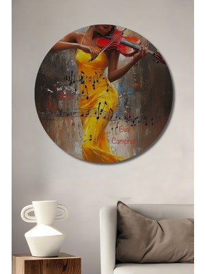 Teona Ahşap Keman Çalan Kadın Yağlı Boya Görünümlü Ahşap Dekoratif Tablo Yuvarlak Duvar Tablosu