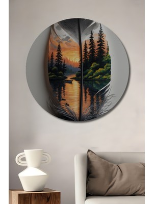Teona Ahşap Ahşap Üzerine Yağlı Boya Görünümlü Gün Batımı Orman Gölü Manzaralı Tüy Tasarım Dekoratif Tablo Yuvarlak Duvar Tablosu