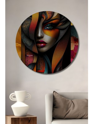 Teona Ahşap Gızemlı Kadın Yüzü Yağlı Boya Görünümlü Modern Sanat Ahşap Dekoratif Tablo Yuvarlak Duvar Tablosu
