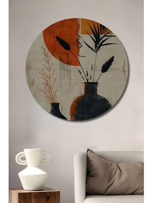 Teona Ahşap Minimalist Portre Bitki Desenli Yağlı Boya Görünümlü Ahşap Dekoratif Tablo Yuvarlak Duvar Tablosu