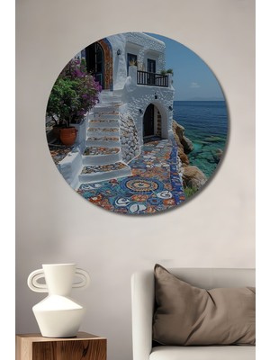 Teona Ahşap Deniz Kenarı Villa Mozaik Desen Ahşap Dekoratif Tablo Yuvarlak Duvar Tablosu