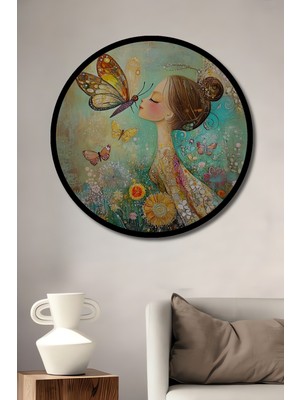 Teona Ahşap Büyülü Kelebek Öpücüğü Yağlı Boya Görünümlü Dekoratif Ahşap Tablo Yuvarlak Duvar Tablosu