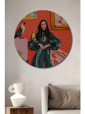 Teona Ahşap Gızemlı Kadın ve Renkli Kuşlar Yağlı Boya Görünümlü Ahşap Dekoratif Tablo Yuvarlak Duvar Tablosu