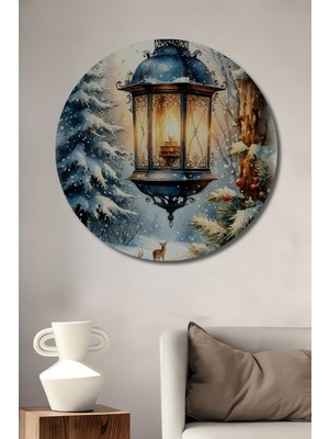 Teona Ahşap Kış Masalı Fenerli Geyikli Kar Manzarası Sulu Boya Görünümlü Dekoratif Ahşap Tablo Yuvarlak Duvar Tablosu