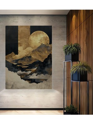Teona Ahşap Altın Vurgulu Dağ Manzarası Yağlı Boya Görünümlü Ahşap Dekoratif Ev,antre,salon,ofis,mutfak Tablo