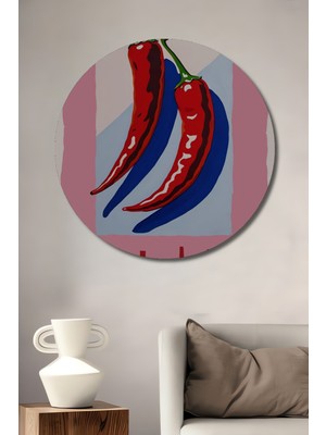 Teona Ahşap Kırmızı Biber Enerjisi Yağlı Boya Görünümlü Ahşap Dekoratif Tablo Yuvarlak Duvar Tablosu