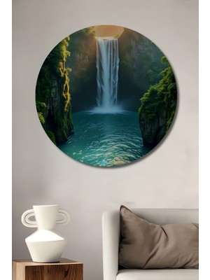 Teona Ahşap Şelale Manzaralı Sulu Boya Görünümlü Ahşap Dekoratif Tablo Yuvarlak Duvar Tablosu