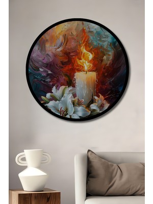 Teona Ahşap Alevli Mum ve Beyaz Zambaklar Yağlı Boya Görünümlü Dekoratif Ahşap Tablo Yuvarlak Duvar Tablosu