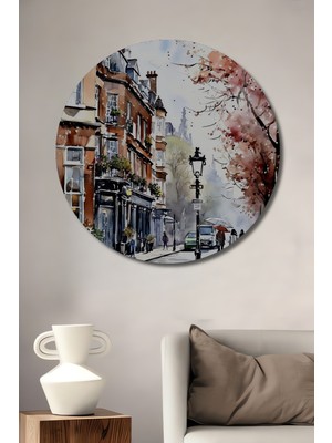 Teona Ahşap Sulu Boya Görünümlü Londra Sokak Manzarası Ahşap Dekoratif Tablo Yuvarlak Duvar Tablosu