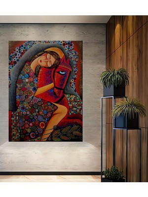 Teona Ahşap Kucaklaşan Kadın At Figürlü Yağlı Boya Görünümlü Dekoratif Ahşap Ev,antre,salon,ofis,mutfak Tablo