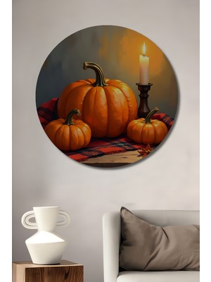 Teona Ahşap Sonbahar Esintili Yağlı Boya Görünümlü Kabak ve Mum Işığı Ahşap Dekoratif Tablo Yuvarlak Duvar Tablosu