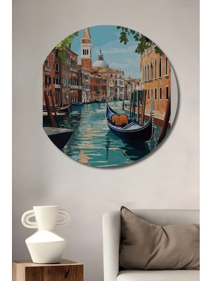 Teona Ahşap Italya Venedik Gondol Kanalları Yağlı Boya Görünümlü Ahşap Dekoratif Tablo Yuvarlak Duvar Tablosu
