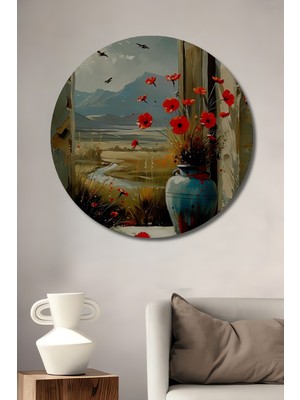 Teona Ahşap Büyülü Kırmızı Gelincikler Penceresi Yağlı Boya Görünümlü Ahşap Dekoratif Tablo Yuvarlak Duvar Tablosu