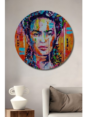 Teona Ahşap Frida Kahlo Renk Cümbüşü Sulu Boya Görünümlü Modern Sanat Ahşap Dekoratif Tablo Yuvarlak Duvar Tablosu