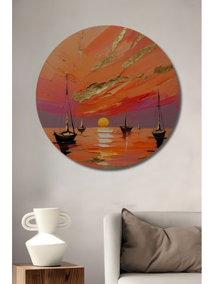 Teona Ahşap Altın Vuruşlu Yüzen Yelkenliler Yağlı Boya Görünümlü Ahşap Dekoratif Tablo Yuvarlak Duvar Tablosu