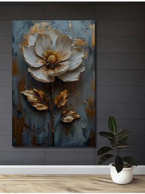 Teona Ahşap Altın Yapraklı Beyaz Çiçek Yağlı Boya Görünümlü Soyut Sanat Ahşap Dekoratif Ev,antre,salon Tablo