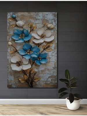 Teona Ahşap Altın Yaprak Desenli Mavi Beyaz Çiçekler Yağlı Boya Görünümlü Ahşap Dekoratif Ev,antre,salon Tablo
