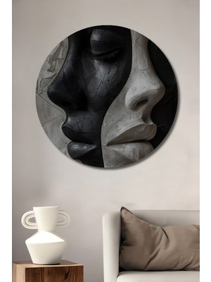 Teona Ahşap Iki Yüzlü Soyut Yüzler Yağlı Boya Görünümlü Ahşap Dekoratif Tablo Yuvarlak Duvar Tablosu