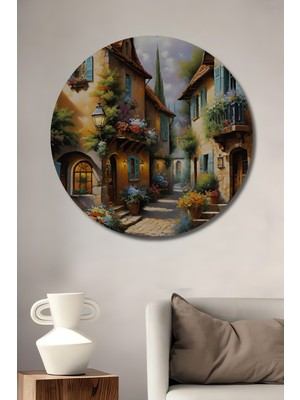 Teona Ahşap Italyan Sokak Manzarası Yağlı Boya Görünümlü Ahşap Dekoratif Tablo Yuvarlak Duvar Tablosu