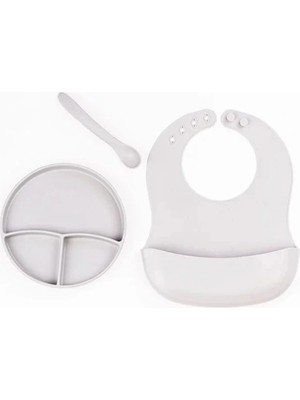 Zenvia ZNV_6574 Gri 3’lü Silikon Yemek Seti – Önlük + Diş Kaşıyıcılı Kaşık + Vakumlu Tabak