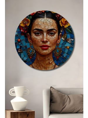 Teona Ahşap Frida Kahlo Mozaik Görünümlü Yağlı Boya Sanat Tablosu Yuvarlak Duvar Tablosu