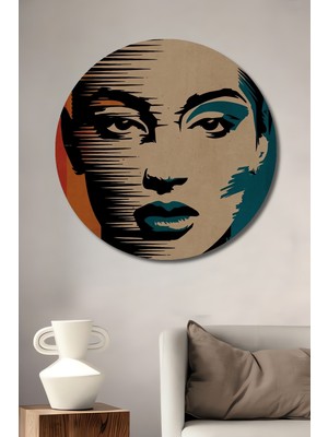 Teona Ahşap Modern Kadın Portresi Yağlı Boya Görünümlü Ahşap Dekoratif Tablo Yuvarlak Duvar Tablosu