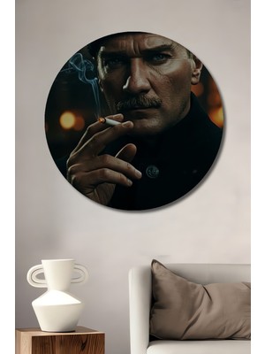 Teona Ahşap Mustafa Kemal Atatürk Yağlı Boya Görünümlü Ahşap Dekoratif Tablo Yuvarlak Duvar Tablosu