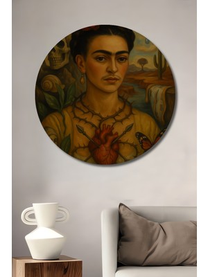 Teona Ahşap Frida Kahlo Yağlı Boya Görünümlü Soyut Sanat Ahşap Dekoratif Tablo Yuvarlak Duvar Tablosu