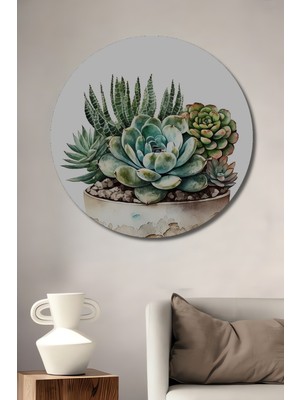 Teona Ahşap Suluboya Görünümlü Saksı Içinde Sukulentler Ahşap Dekoratif Tablo Yuvarlak Duvar Tablosu
