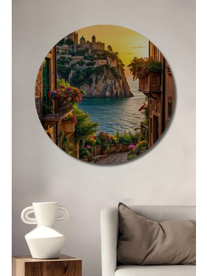 Teona Ahşap Italyan Sahil Kasabası Yağlı Boya Görünümlü Ahşap Dekoratif Tablo Yuvarlak Duvar Tablosu