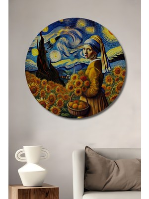 Teona Ahşap Van Gogh Yıldızlı Gece ve Inci Küpeli Kız Birleşimi Yağlı Boya Görünümlü Ahşap Dekoratif Tablo Yuvarlak Duvar Tablosu