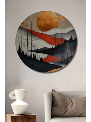 Teona Ahşap Soyut Manzara Yağlı Boya Görünümlü Ahşap Dekoratif Tablo Yuvarlak Duvar Tablosu