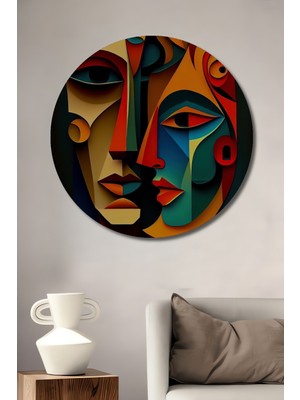 Teona Ahşap Soyut Yüzler Yağlı Boya Görünümlü Ahşap Dekoratif Tablo Yuvarlak Duvar Tablosu