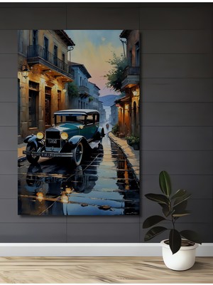 Teona Ahşap Retro Sokağın Klasik Otomobili Sulu Boya Görünümlü Ahşap Dekoratif Ev,antre,salon,ofis,mutfak Tablo
