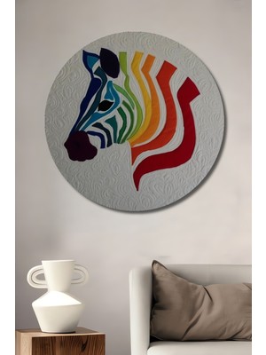 Teona Ahşap Gökkuşağı Zebra Desenli Ahşap Dekoratif Tablo Yuvarlak Duvar Tablosu
