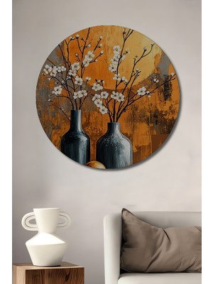 Teona Ahşap Sulu Boya Görünümlü Soyut Sanat Çiçek ve Vazo Ahşap Dekoratif Tablo Yuvarlak Duvar Tablosu