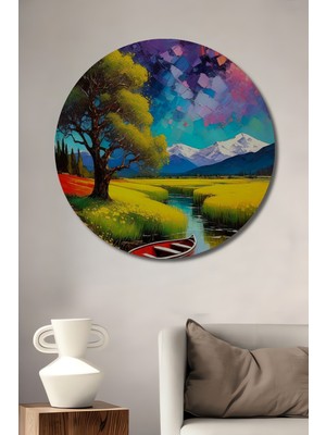 Teona Ahşap Muhteşem Manzaralı Kırmızı Kayık Yağlı Boya Görünümlü Dekoratif Ahşap Tablo Yuvarlak Duvar Tablosu