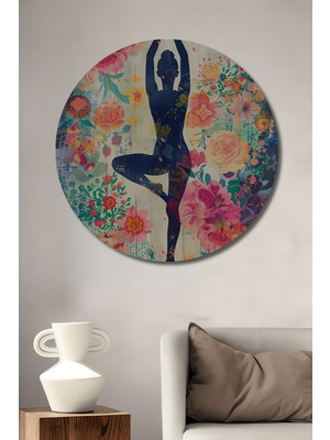 Teona Ahşap Bahar Çiçekleri Içinde Yoga Pozu Yağlı Boya Görünümlü Dekoratif Ahşap Tablo Yuvarlak Duvar Tablosu