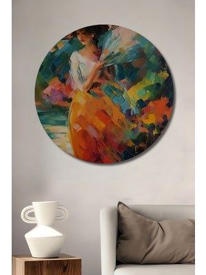 Teona Ahşap El Yapımı Yağlı Boya Görünümlü Kadın Fanlı Tablosu Yuvarlak Duvar Tablosu